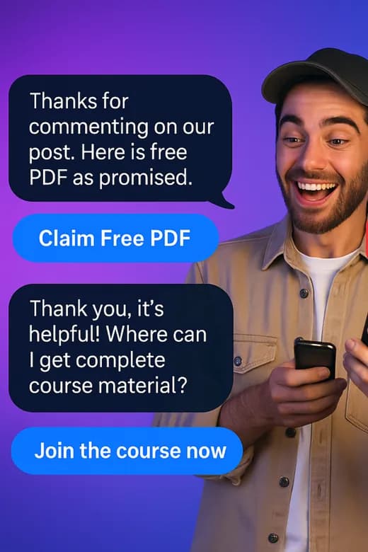 A follower gets an automatic reply with a Claim Free PDF button, then asks where to get the full course